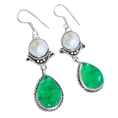 Apple Green Drusy Druzy, Pearl Solid .925 Sterling Silver Earrings