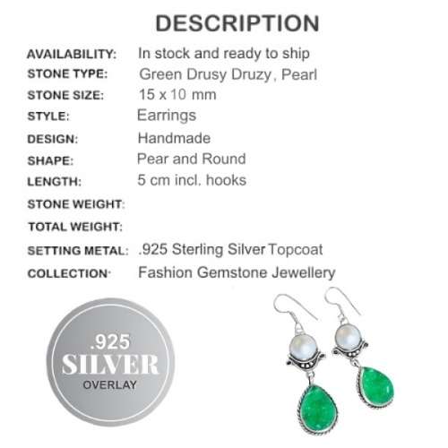 Apple Green Drusy Druzy, Pearl Solid .925 Sterling Silver Earrings