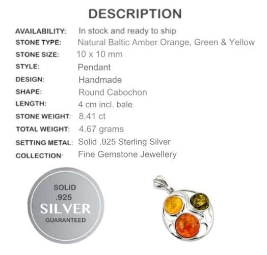 8.41 Cts Genuine Columbian Orange/ Green Amber in Solid .925 Silver Pendant