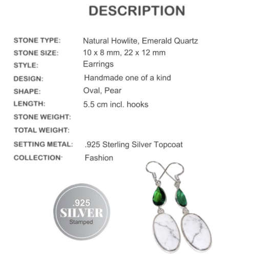 Natural Howlite and Emerald Quartz Gemstone .925 Sterling Silver Earrings