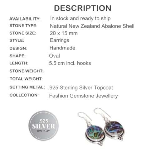Natural New Zealand Abalone Paua Gemstone 925 Sterling Silver Earrings