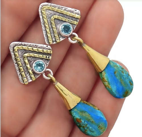 Extremely Rare -Genuine Peruvian Blue Opal, Blue Topaz Set in Solid .925 Sterling Silver Earrings
