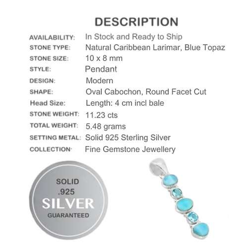Natural Caribbean Larimar and Blue Topaz Gemstones set in Solid .925 Sterling Silver Pendant