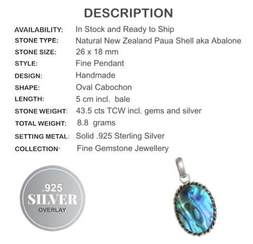 Natural New Zealand Paua Shell AKA Abalone 925 Sterling Silver Pendant