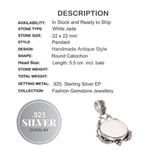 Antique Style White Jade Gemstone. 925 Silver Pendant