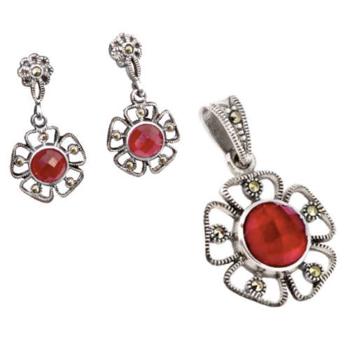 2.57 cts Pink Red Ruby and Marcasite in Solid .925 Sterling Silver Pendant & Earrings Set