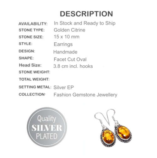 Handmade Antique Style Faceted Sunny Citrine Ovals Silver Plated Earrings