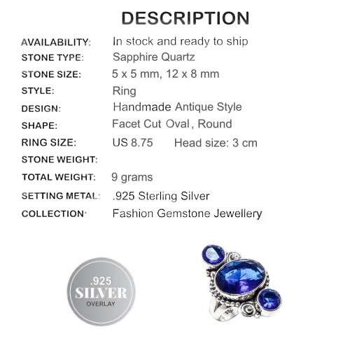 Sapphire Blue Quartz Gemstone .925 Silver Ring Sz 8.75