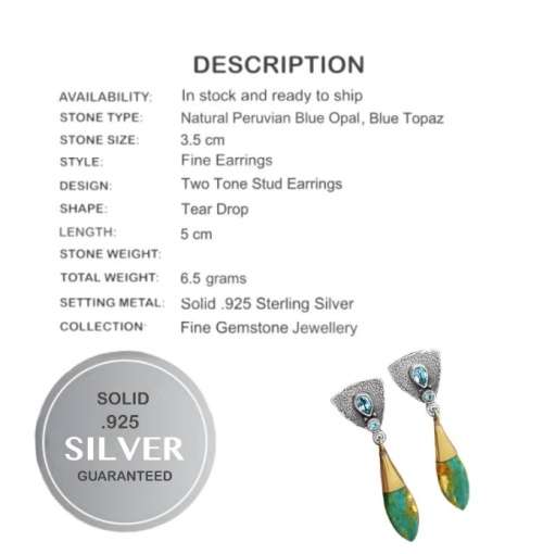 Reserved for Ndebeledoll Peruvian Blue Opal, Blue Topaz Set in Solid .925 Sterling Silver Earrings