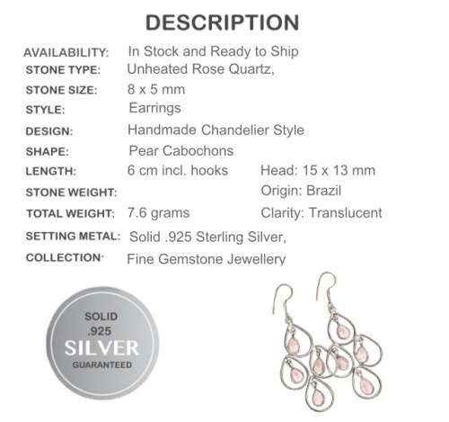 Beautiful Natural Pink Rose Quartz Solid .925 Sterling Silver Earrings