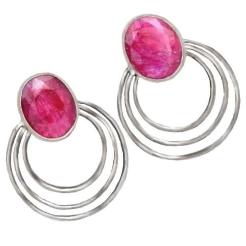 Modern Indian Red Ruby, Gemstone Solid .925 Sterling Silver Stud Earrings