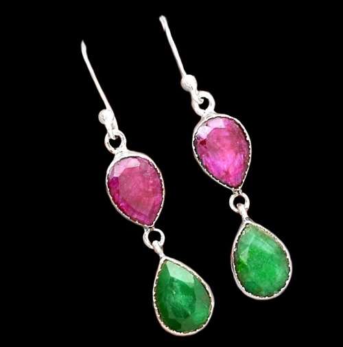 Exquisite Indian Red Ruby, Emerald Gemstone Solid .925 Sterling Silver Earrings