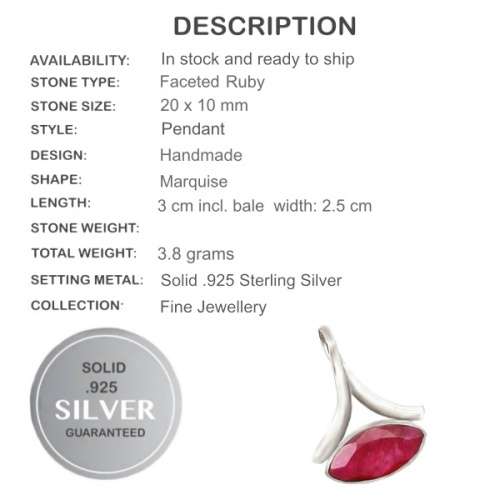 Exquisite Earth Mined Marquise Ruby Gemstone Solid .925 Sterling Silver Pendant
