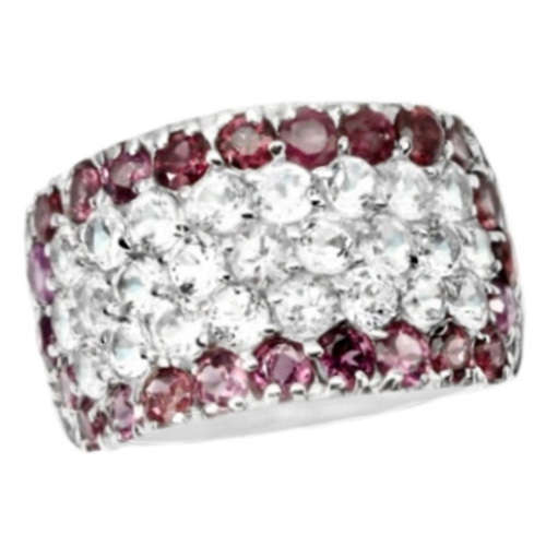 Natural Rhodolite Garnet Diamond Cut White Topaz Set in Solid.925 Sterling Silver Ring Size 7.5 or P