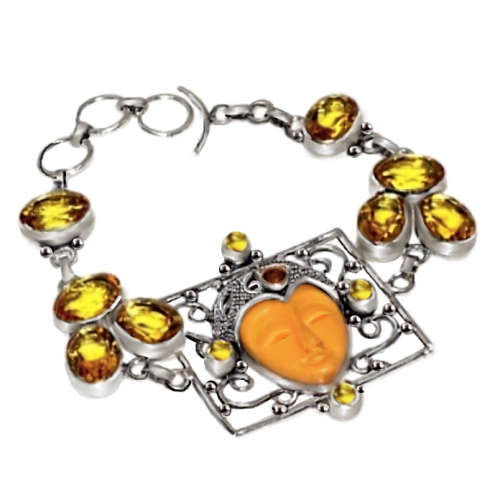 Handmade Agate Carved Face, Sunny Citrine Gemstone .925  Silver Bracelet
