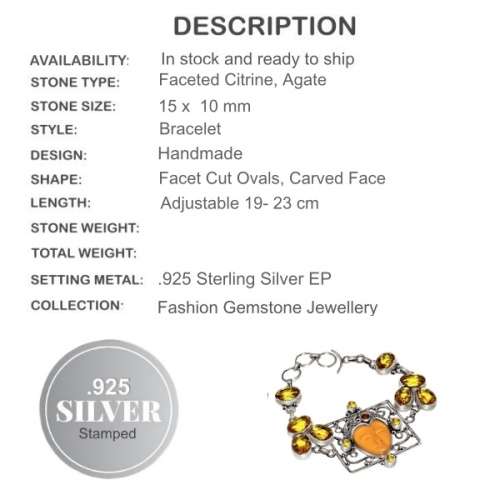 Handmade Agate Carved Face, Sunny Citrine Gemstone .925  Silver Bracelet