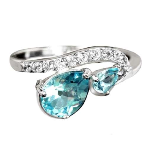 Natural Unheated Blue Topaz, White Cubic Zirconia Gemstone Solid .925 Silver Ring Size 7.25