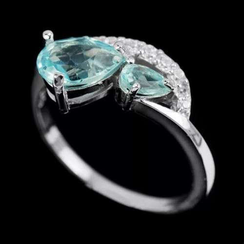 Natural Unheated Blue Topaz, White Cubic Zirconia Gemstone Solid .925 Silver Ring Size 7.25