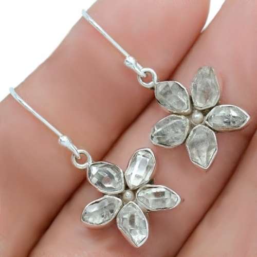Natural Floral Herkimer Diamond Solid .925 Sterling Silver Dangling Earrings