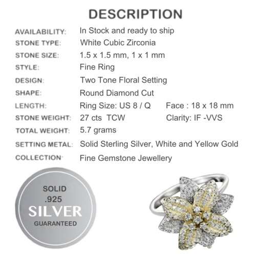 Two Tone AAA White Diamond Cut Cubic Zirconia Solid .925 Sterling Silver Ring Size 8 /Q