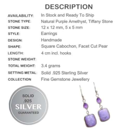 Natural Tiffany Stone and Purple Amethyst set in Solid .925 Sterling Silver Earrings