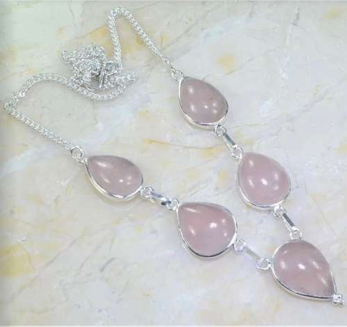 Pretty Feminine Pink Rose Quartz Necklace .925 Sterling Silver