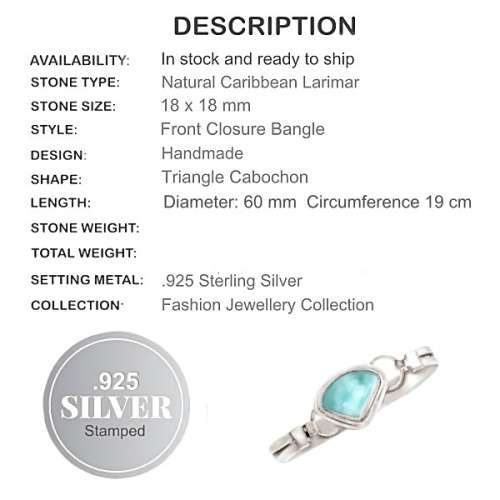 Natural Larimar Gemstone .925 Sterling Silver Cuff Bangle