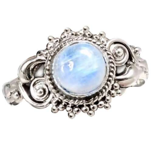 Natural Round Rainbow Moonstone set in Antique Style Solid .925 Sterling Silver Ring Size 9 /R1/2