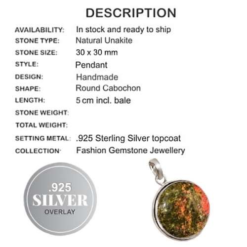 Natural Unakite Cabochon .925 Silver Pendant