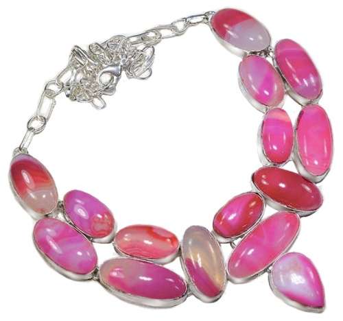 Natural Pink Botswana Agate Mixed Shape Gemstones in .925 Sterling Silver Plated  Handmade Necklace