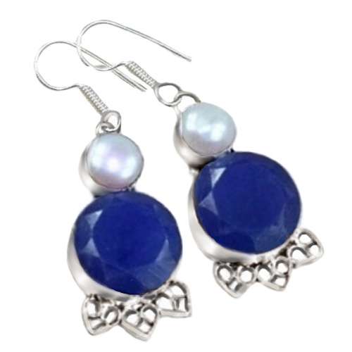 Natural Indian Sapphire, White Pearl Gemstone .925 Silver Earrings