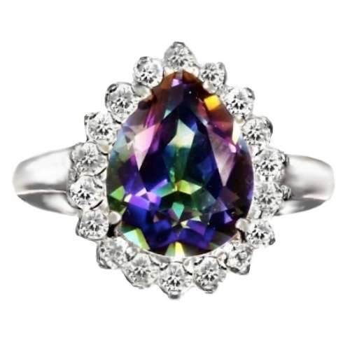 21.12 cts Rainbow Topaz, White Cubic Zirconia In Solid .925 Sterling Silver, 14K White Gold Ring Siz
