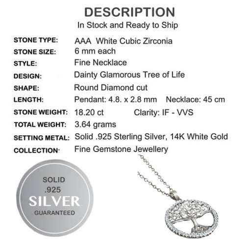 Deluxe White Cubic Zirconia Tree of Life set in Solid .925 Sterling Silver 14K White Gold Necklace