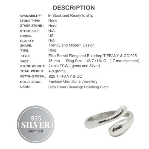 Tiffany & Co Elongated Raindrop .925 Sterling Silver Ring Size US 7.5