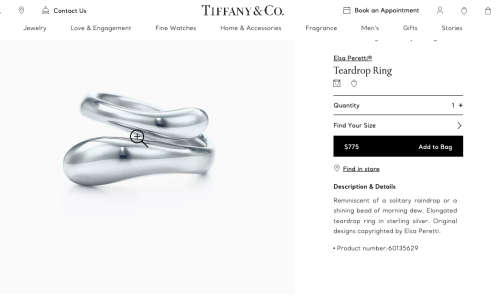 Tiffany & Co Elongated Raindrop .925 Sterling Silver Ring Size US 7.5