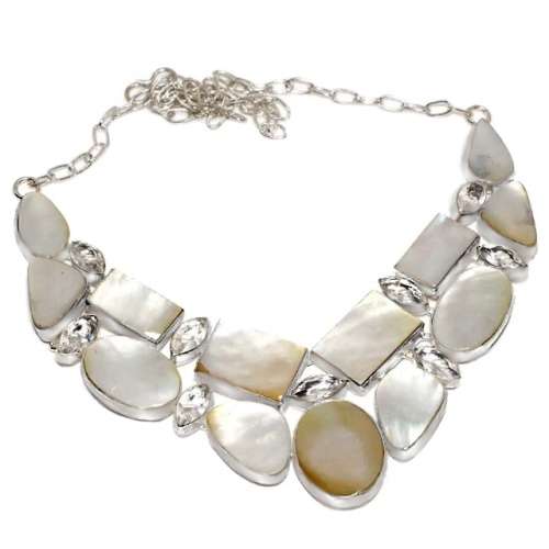 Natural Mother of Pearl and White Topaz set in . 925 Sterling Silver Handmade Necklace