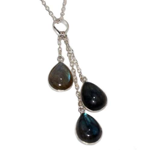 Natural Blue Fire Labradorite Pear Gemstones set in 925 Sterling Silver Plated Waterfall Necklace