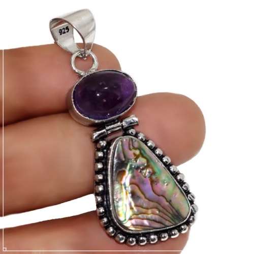 Natural New Zealand Abalone (Paua Shell) Purple Amethyst Gemstone 925 Sterling Silver Pendant
