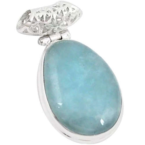 Natural Aquamarine Oval Gemstone set in Solid .925 Sterling Silver Antique Style Pendant