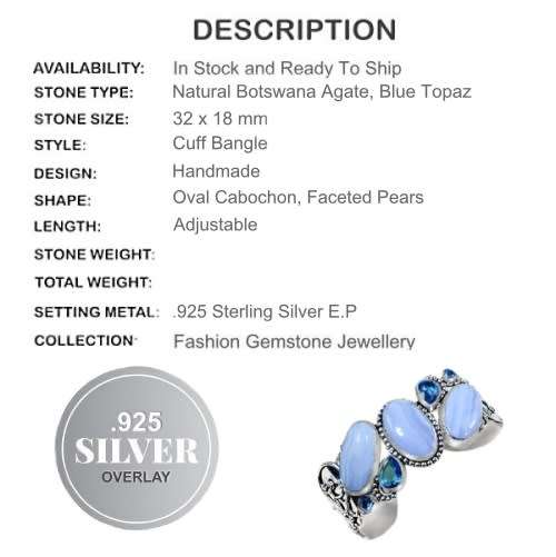 Natural Blue Lace Botswana Agate, Blue Topaz Gemstone .925 Silver Bangle