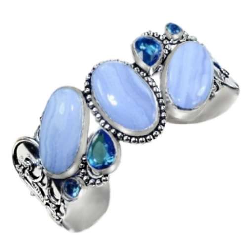 Natural Blue Lace Botswana Agate, Blue Topaz Gemstone .925 Silver Bangle