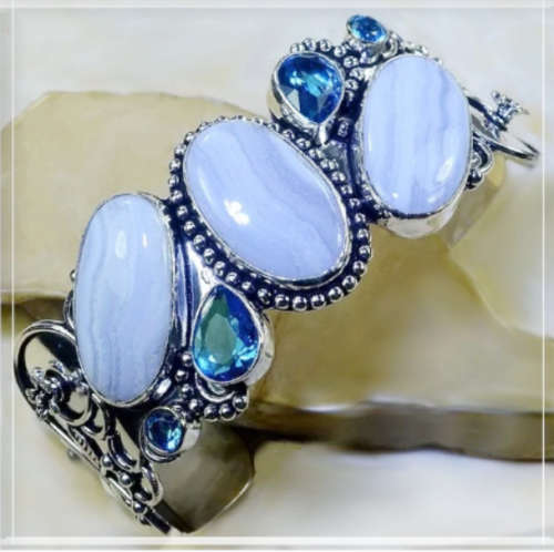 Natural Blue Lace Botswana Agate, Blue Topaz Gemstone .925 Silver Bangle