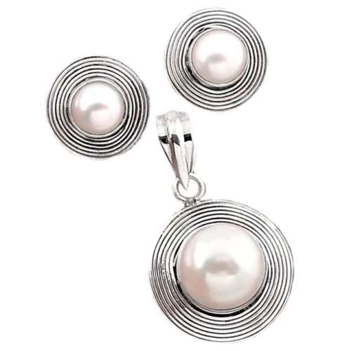 Natural White Pearl set in Solid .925  Sterling Silver Pendant and Earrings Set