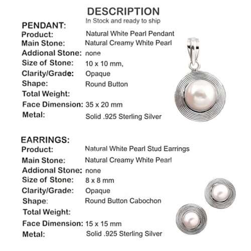 Natural White Pearl set in Solid .925  Sterling Silver Pendant and Earrings Set
