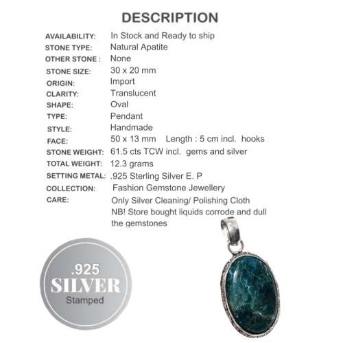 Natural Blue Apatite Oval Gemstone .925 Sterling Silver Pendant