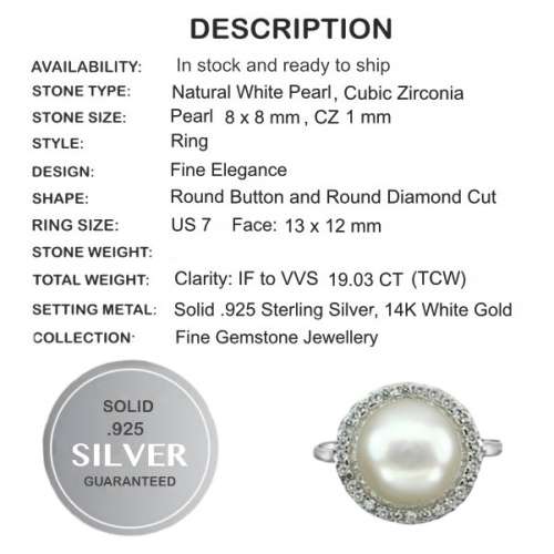 19.03 cts Natural Creamy White Pearl White Cubic Zirconia Solid .925  Sterling Silver Size 7 or O