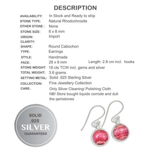 Natural Rhodochrosite Round Gemstone set in Solid .925 Sterling Silver Dainty Drop Dangle Earrings