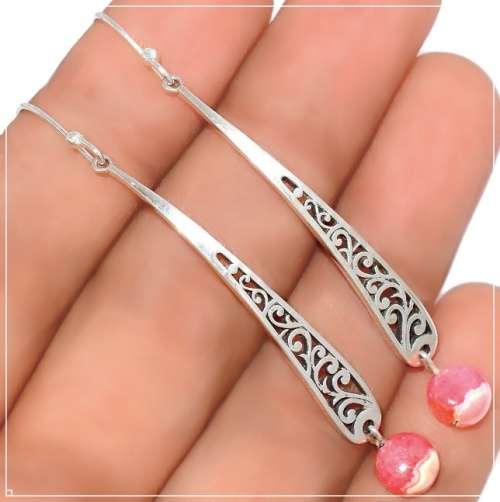 Natural Rhodochrosite Gemstone set in Solid .925 Sterling Silver Earrings