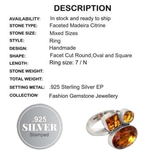 Trendy Madeira Citrine Gemstone .925  Silver Ring Size 7 or O