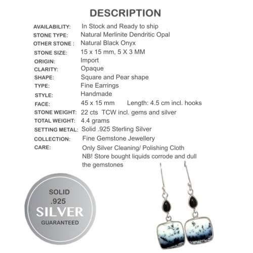 Natural Merlinite Dendritic Opal Gemstone Solid. 925 Sterling Silver Earrings